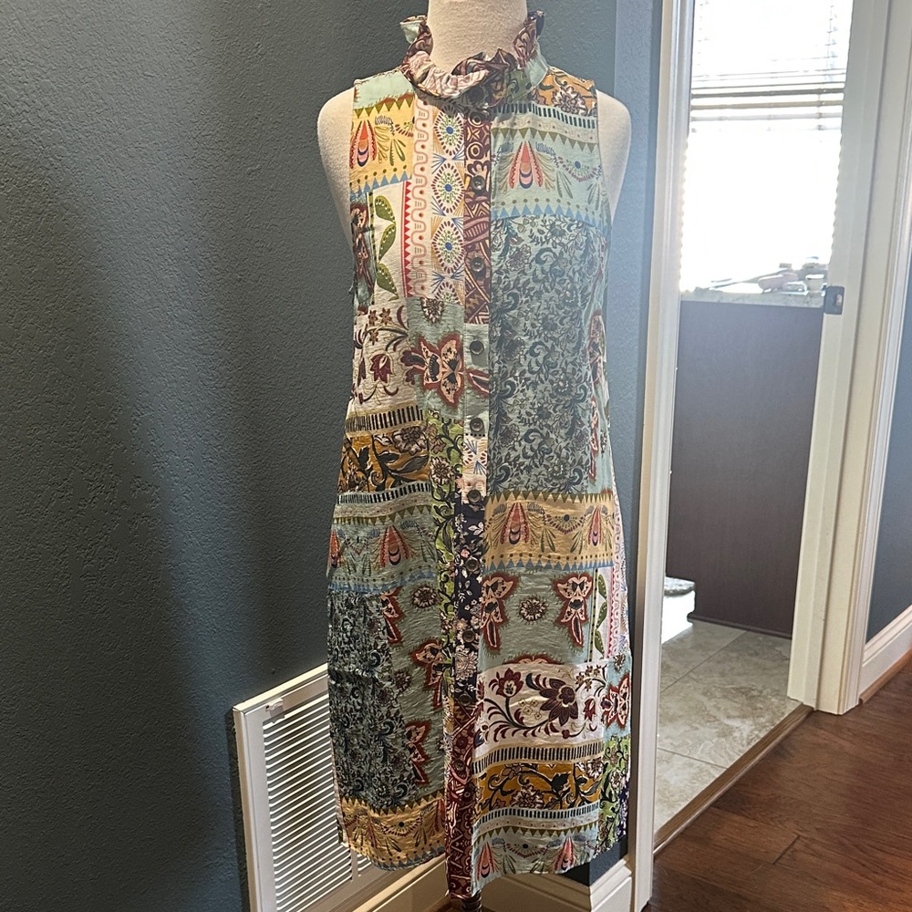 Sleeveless Patchwork Print Ruffle-Neck Dress - Mint Multi